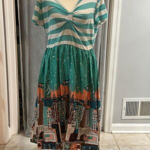 Striped and Cityscape Print Dress